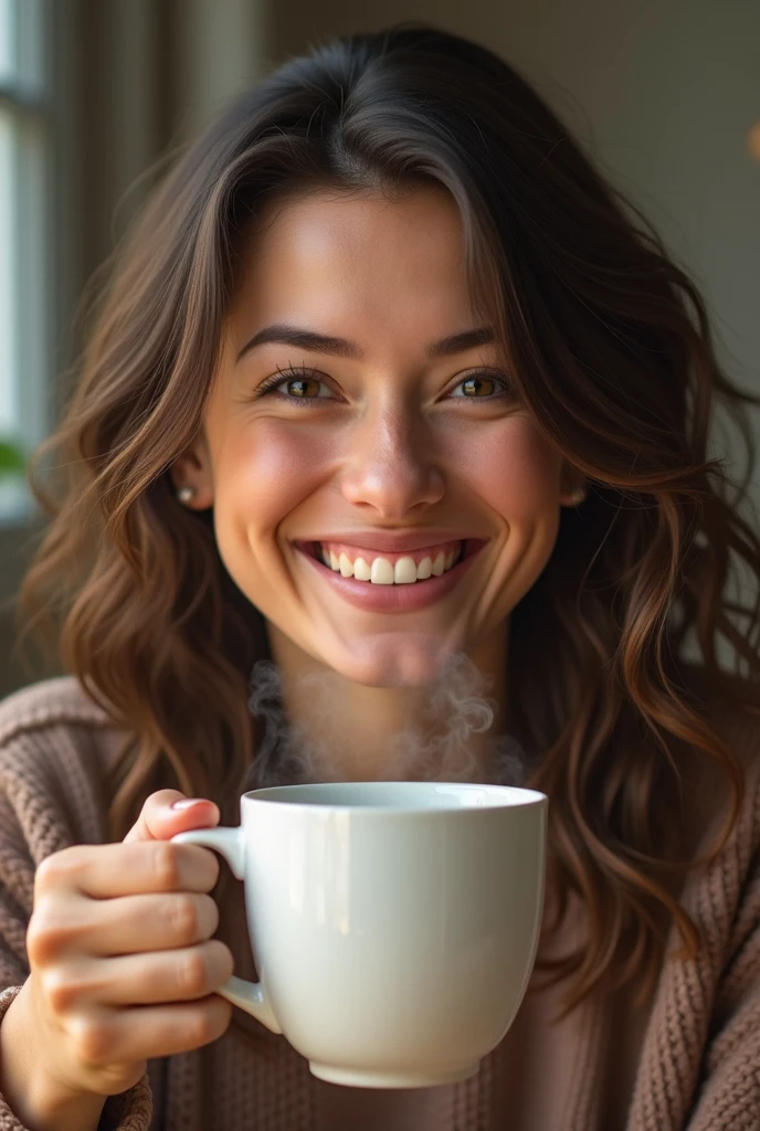 Make a profile picture of a happy person for a coffee mug gift, do it looking at the coffee cup, make it realistic 