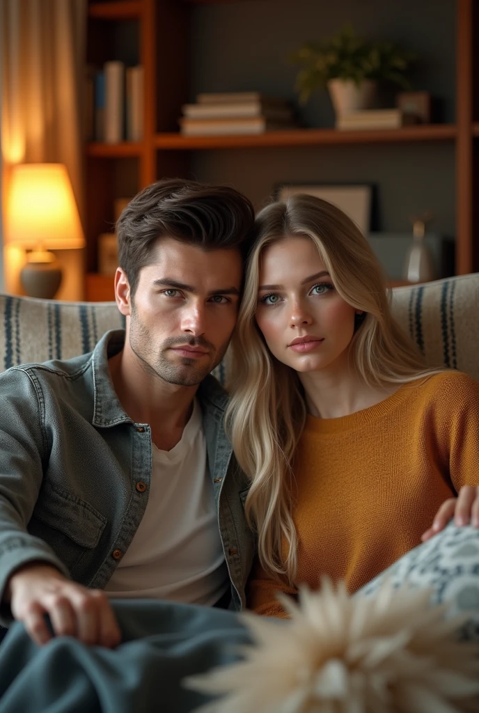 (Photorealism:1.1) a couple man dark brown hair and brown eyes together with a woman blonde green eyes long hair  in home 8k ultra realistic super detailed using alliencd