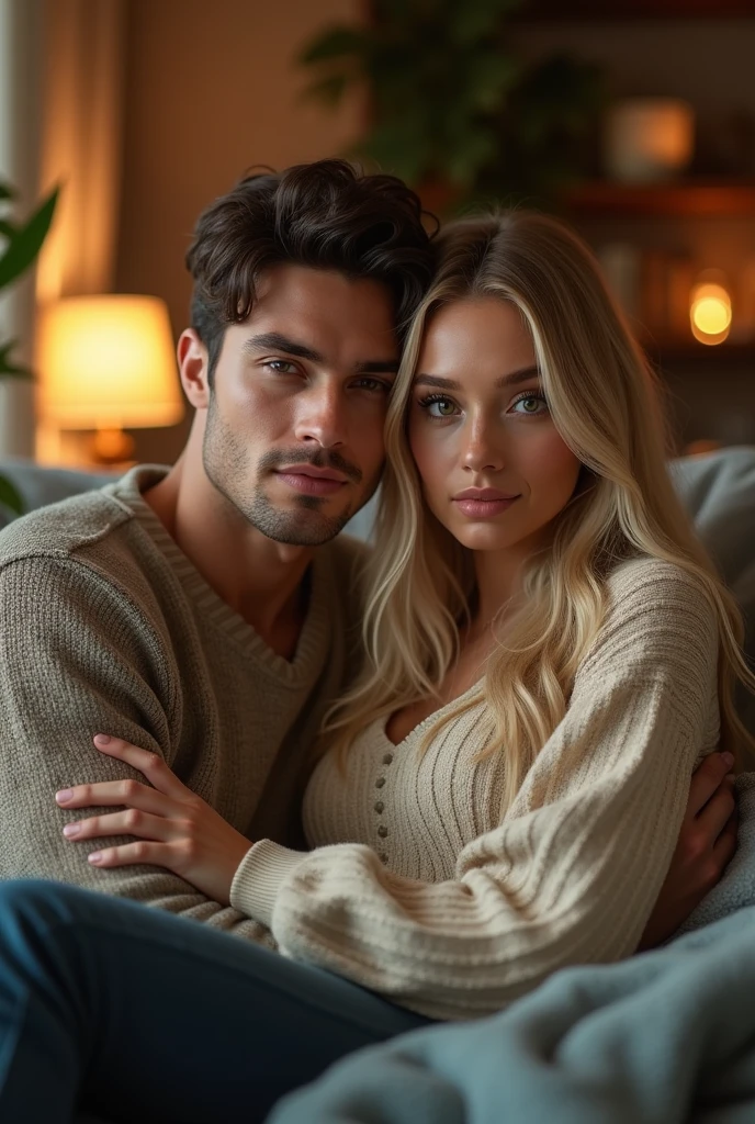 (Photorealism:1.1) a couple man dark brown hair and brown eyes together with a woman blonde green eyes long hair  in home 8k ultra realistic super detailed using alliencd