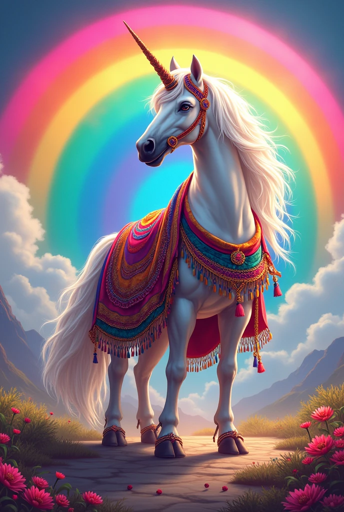 Multicolored unicorn with white hair and Peruvian clothing on a rainbow