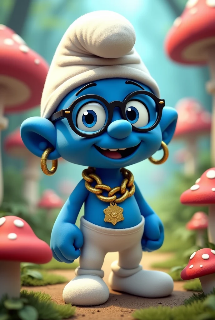 Create a smurf style image with a gold chain and black lens glasses