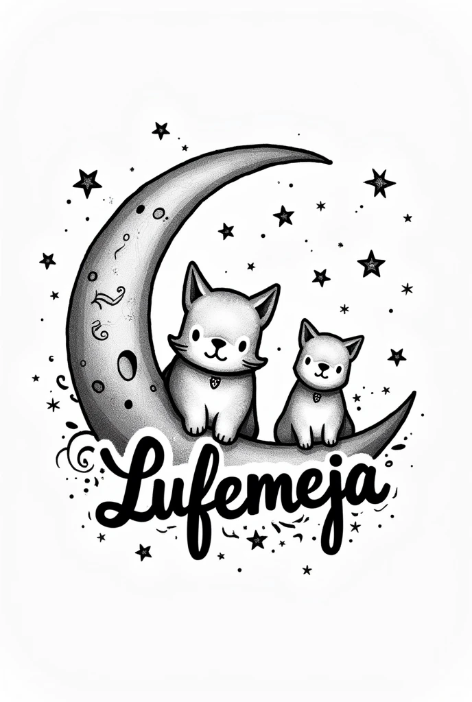 Create an EASY DRAWING STAMP ON VISUAL ARTS, A cat, DOGS AND THAT HAS THE NAME LUFEMEJA IN BLACK AND WHITE INSIDE A MOON AND A CURLY GIRL
