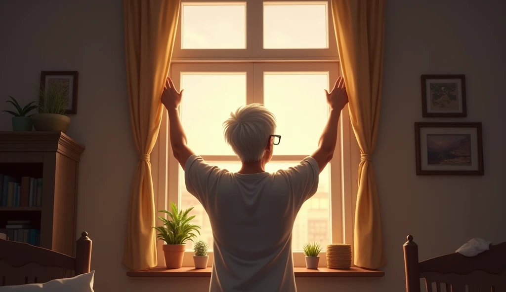 A person closing a window in his house