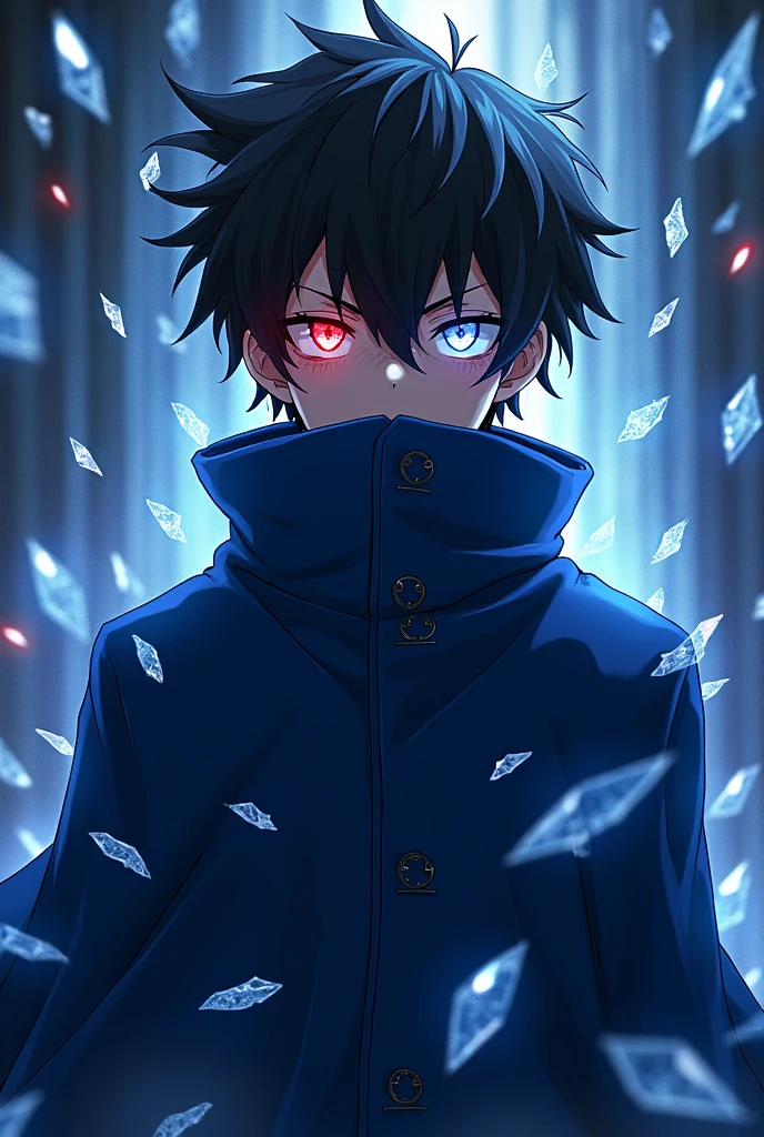 A young black anime man with spiky black hair,one white eye and one red,a blue overcoat and shards of glass floating around