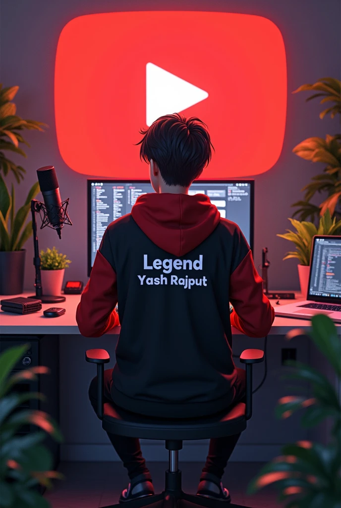 Prompt for AI AVATAR 👇
Create a image of "A 18 years anime boy sitting in front of a computer desk with a microphone and laptop, wearing black and red hoodie with the Channel Name on it "Legend Yash Rajput". The background includes a large YouTube logo on the wall, potted plants on either side, and various recording equipment."