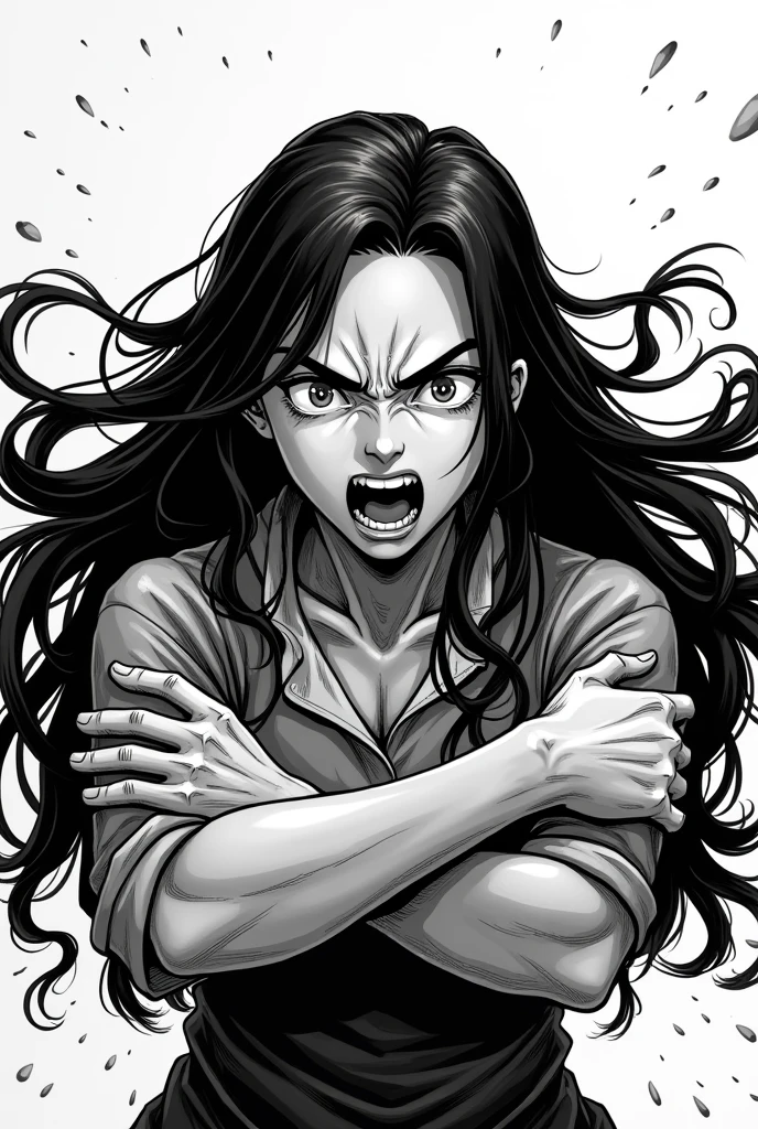 A character with long hair in black and white manga form that same character angry