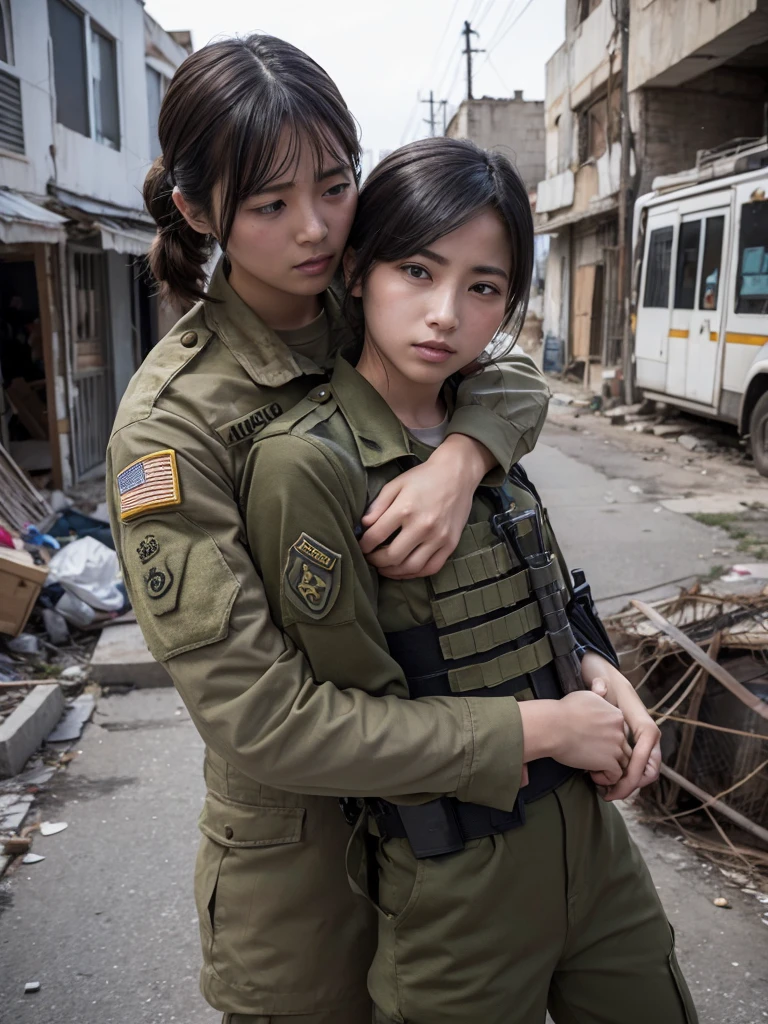 A female soldier clings to a soldier in a war-torn city