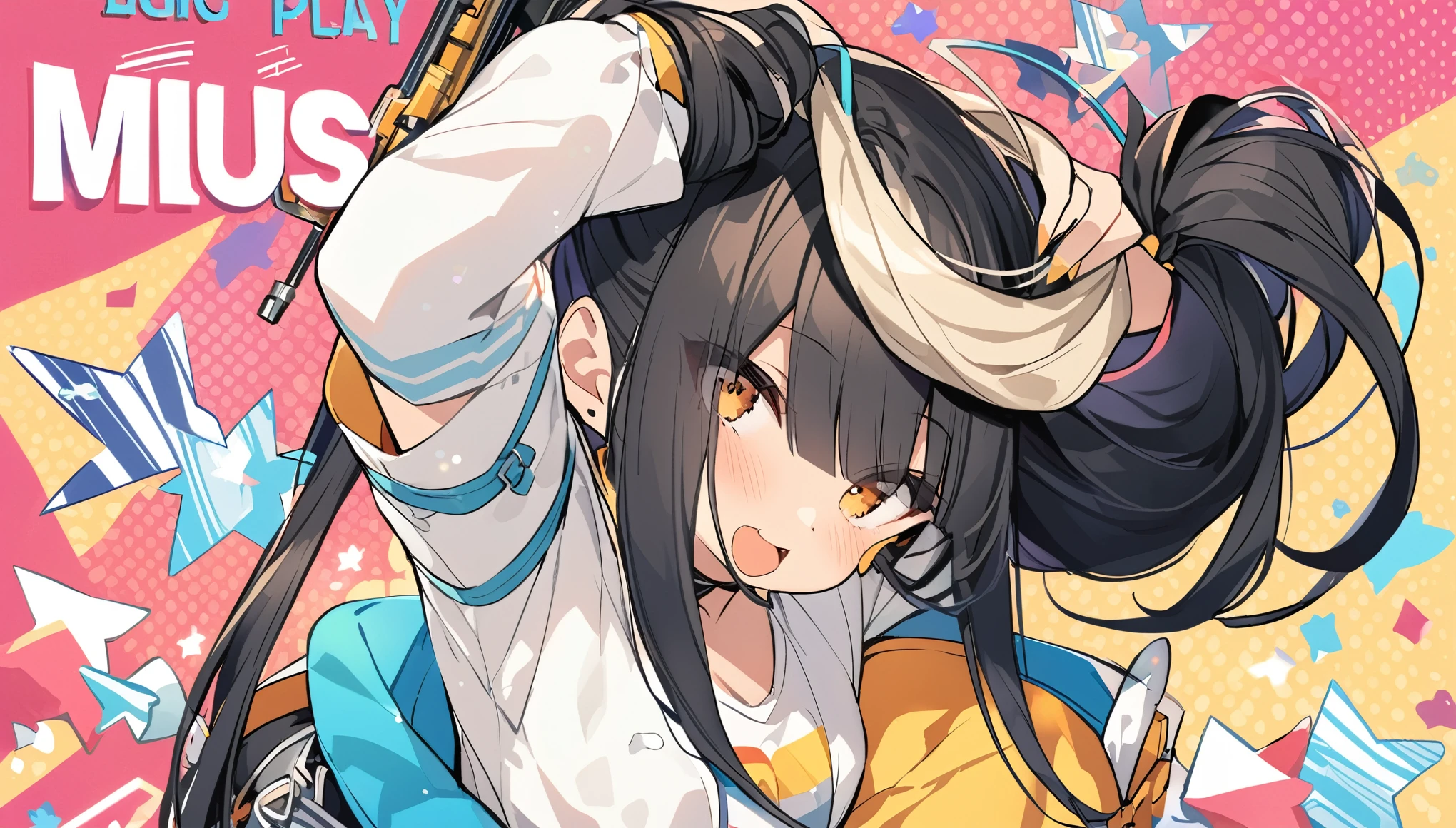 I play at music habs、iDOL、rifle、Tying up hair、gun、Virtual Character ,Black Hair、blunt bangs、Straight Hair, face, 1 female,Sexy, 