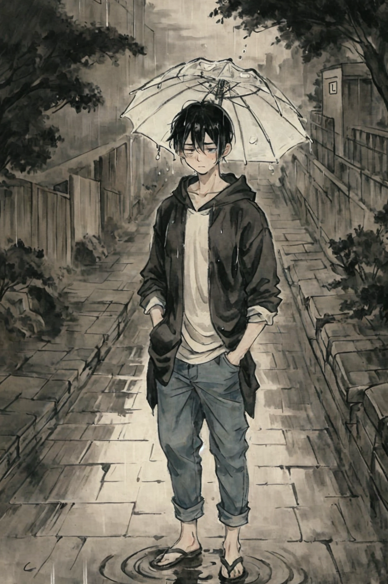 A young man in his early twenties, dressed in casual attire, standing in the rain with a downcast gaze. He leans against a brick wall, his shoulders slightly hunched as the droplets of water cling to his hoodie and the tips of his jeans are soaked. His hands are tucked into his pockets, and his expression is a poignant mix of regret and sadness. The scene is bathed in a soft, diffused light from a solitary streetlamp that flickers overhead, casting a warm glow that contrasts with the cold, damp atmosphere. Puddles of rainwater reflect the grayscale buildings and sidewalks around him, emphasizing the solitude of the moment. The background is a blur of passing cars and pedestrians, their movements a stark reminder of the world continuing without pause for his sorrow. His eyes, filled with unshed tears, are the focal point of the image, speaking volumes about his internal turmoil. Above him, the dark sky is heavy with clouds, mirroring his mood, and the raindrops appear to be falling in sync with the rhythm of his heartbeat, as if the universe itself is feeling sorry for his plight. The overall composition is a study in melancholy, inviting the viewer to empathize with the young man's profound emotional state.