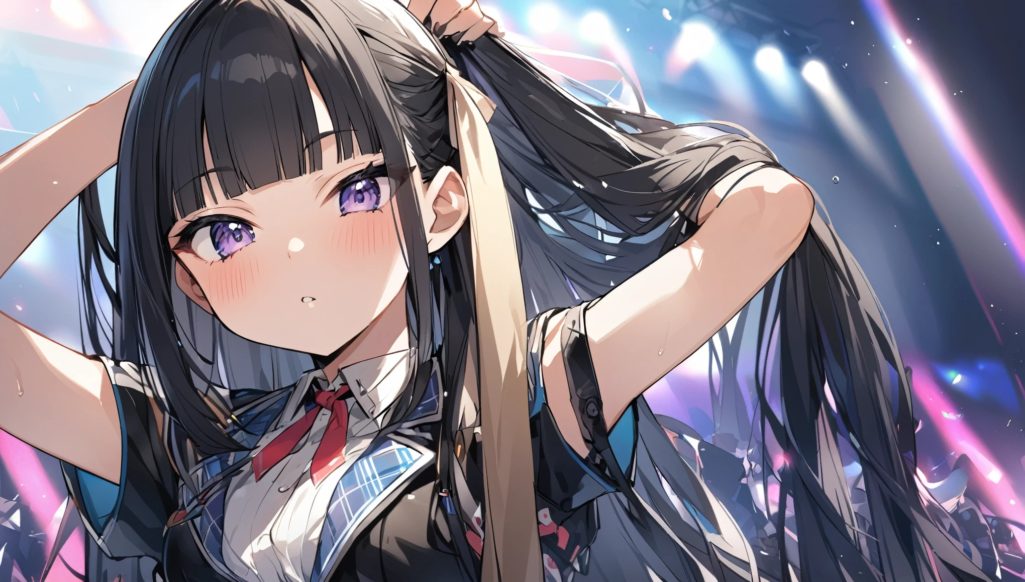 I play at music habs、iDOL、rifle、Tying up hair、gun、Virtual Character ,Black Hair、blunt bangs、Straight Hair, face, 1 female,Sexy,