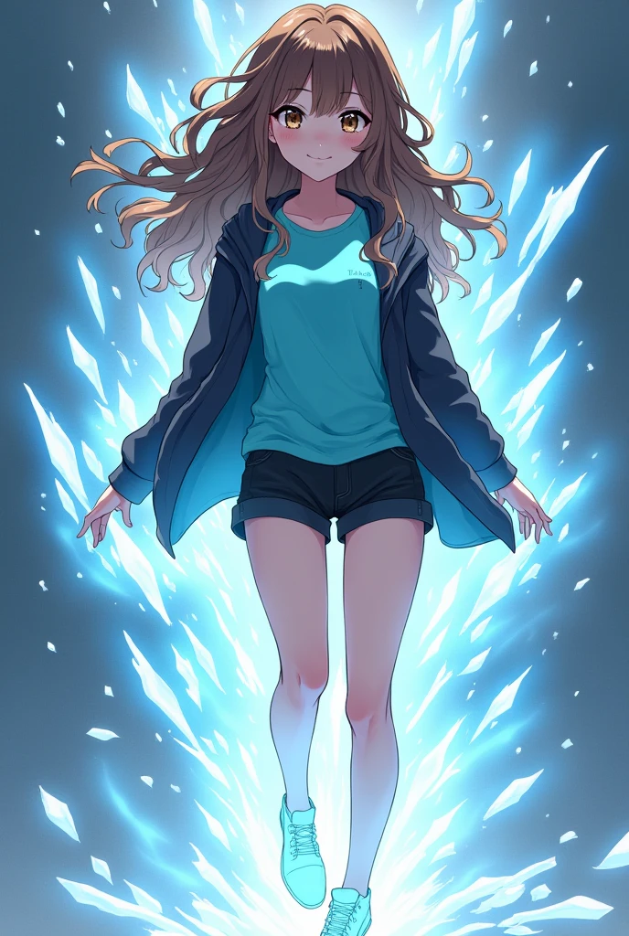 a girl of about , His body emits almost transparent energy that freezes whatever it touches., It also emits slight rays from its body., She is very white with wavy brown hair and has light brown eyes., She also has the features of a Spanish girl., The image must be full body, He is wearing black shorts and a turquoise t-shirt and a black jacket. , It has to be an anime girl