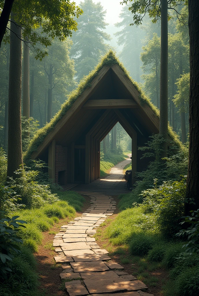 in the forest ièm staring to build a giant corridor with the ground earth ((((( keeping the earth as the ground ))))) and using the trees as my posts and creating an original roof modern, geos far and long there are no real house as we know them roof in wood and windows, kitchen fire plce brique rocks... indiens living outside


