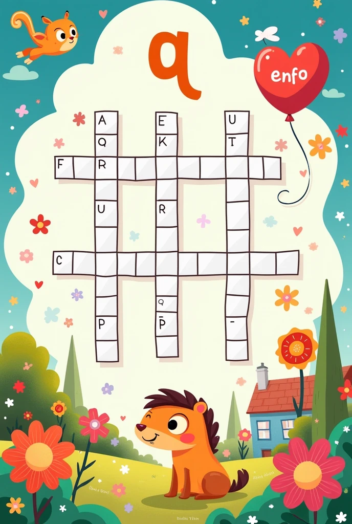 Create a crossword puzzle for  graders, using the letter Q in words, with reference images and in Portuguese