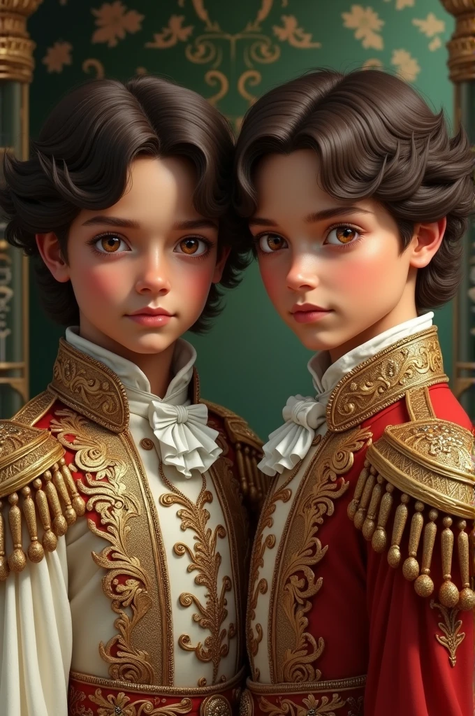 Cinnamon-skinned twin boys, Dark brown, slightly wavy hair and copper eyes dressed in princely clothes