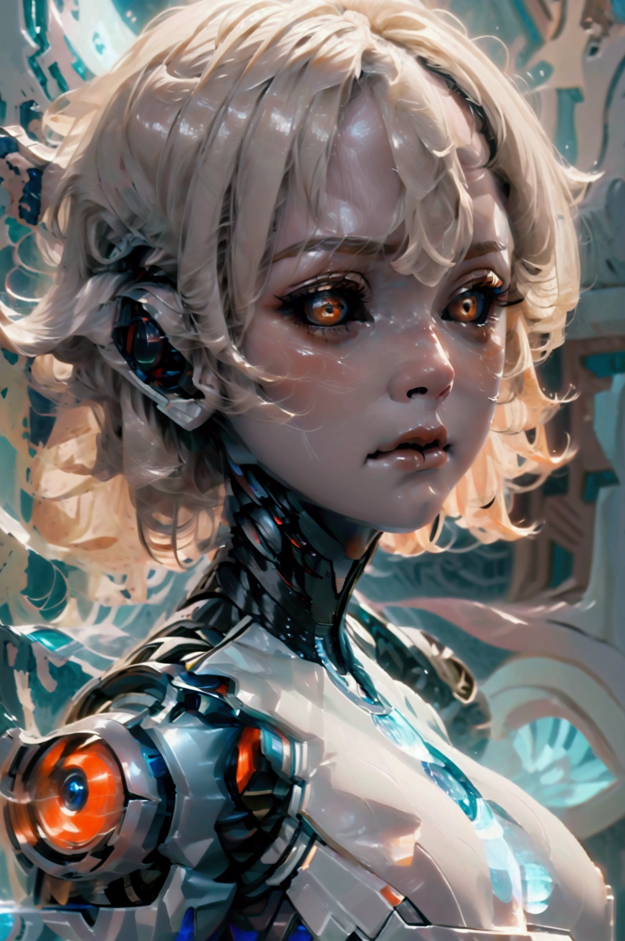 Beautiful robot woman, short blonde hair, straight hair, pale white skin, orange eyes, large , closeup of bust, neutral expression, space background