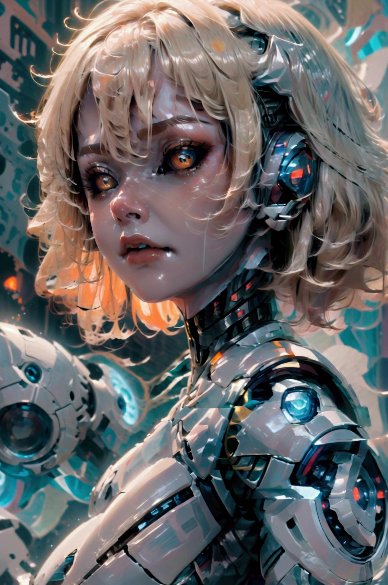 Beautiful robot woman, short blonde hair, straight hair, pale white skin, orange eyes, large breasts, closeup of bust, neutral expression, space background