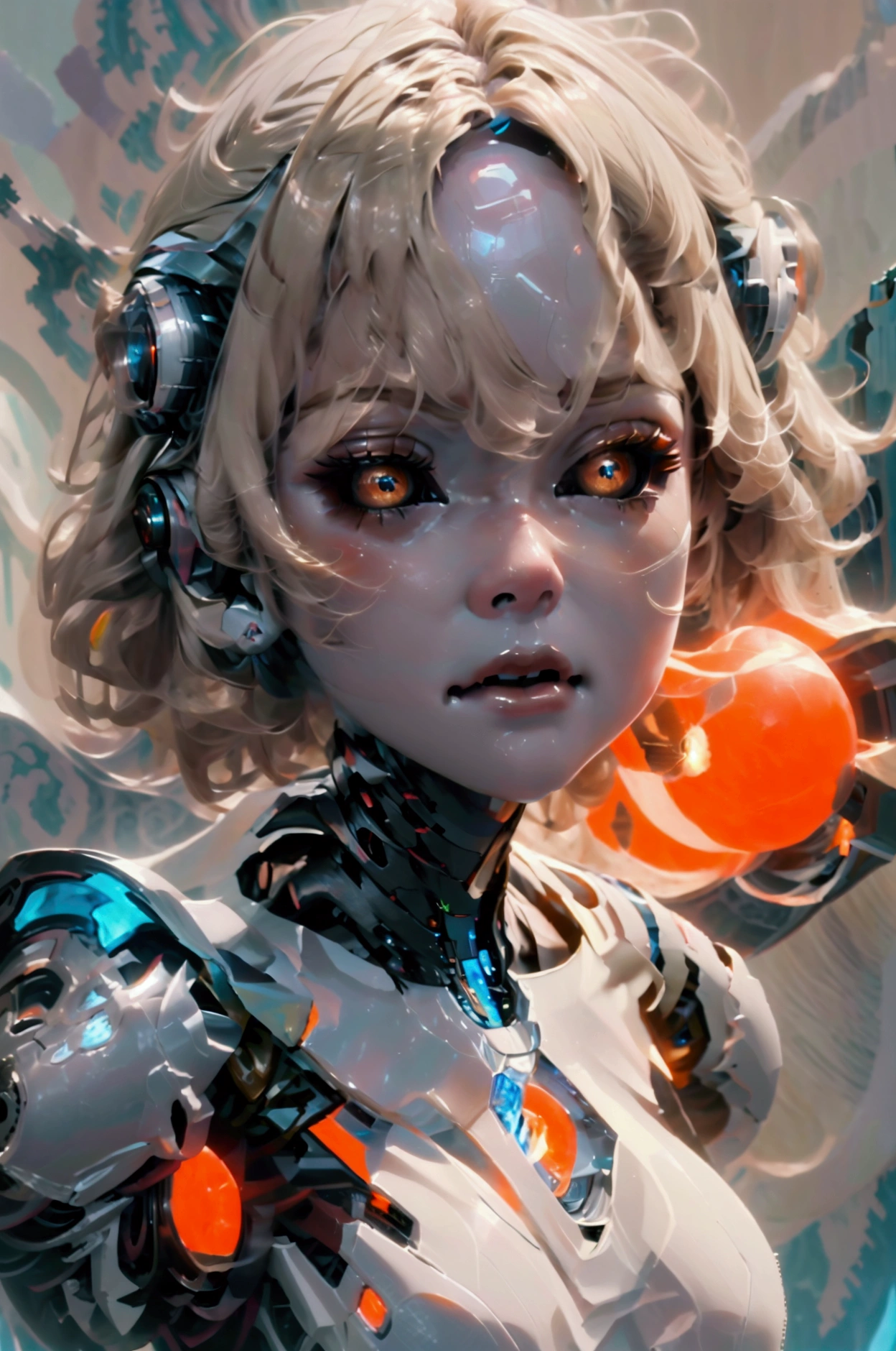 Beautiful robot woman, short blonde hair, straight hair, pale white skin, orange eyes, large breasts, closeup of bust, neutral expression, space background