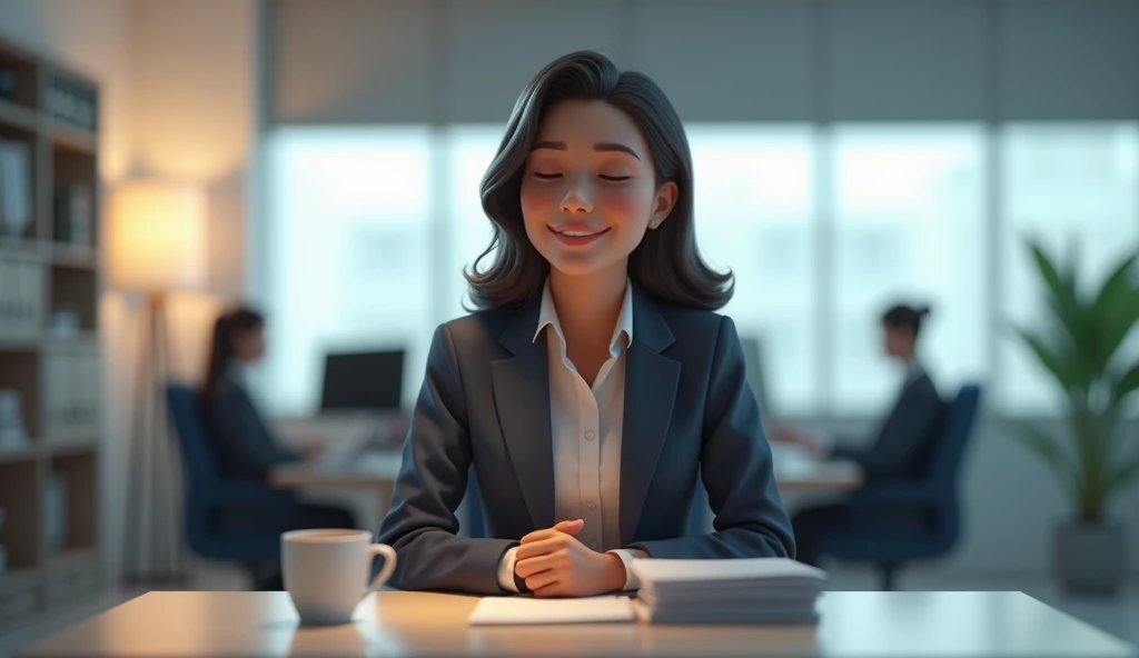 A relieved, During work.