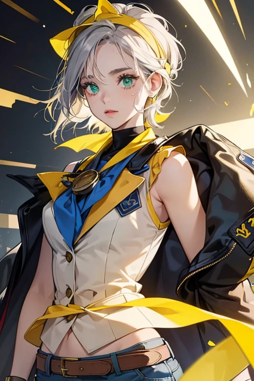 sHe has pale ash-gray hair, light tan skin, and bright green eyes. It seems that she keeps getting scarred from his various misadventures and categorically terrible luck. sHe has a prominent scar on her left shoulder.
Bennett wears cuffed navy shorts and a sleeveless cream-colored jacket with blue and gold details, a leather belt, a bag with her Vision attached to it, gloves, a yellow bandana tied around his right arm, and goggles on her head. SPARKLE; GLITTER