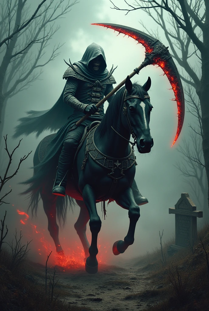 (Best quality,4k,8k,high resolution,masterpiece:1.2),ultra-detailed,Realistic:1.37,dark soul boss style,scary steel mask,background haunted,scythe weapon,fantastic corrupted farmer outfit, riding an evil horse, energy flows around the body,battle aura,Bloodstained,Dynamic lighting,ominous atmosphere,Grim and desolate,twisted trees,scary fog ,Disturbing shadows, weathered scarecrows, distorted landscapes, haunting whispers, threatening skies, crumbling ruins, a threatening storm brewing, lingering sense of darkness, ominous runes, broken tombstones, mystery and suspense, brutal and intense, dread and fear, gothic elements, oppressive silence, threatening presence, atmosphere full of horror, dark and tormented souls, sinister energy, evoking a feeling of doom, a reality steeped in nightmares, writes "FarmMasteR"