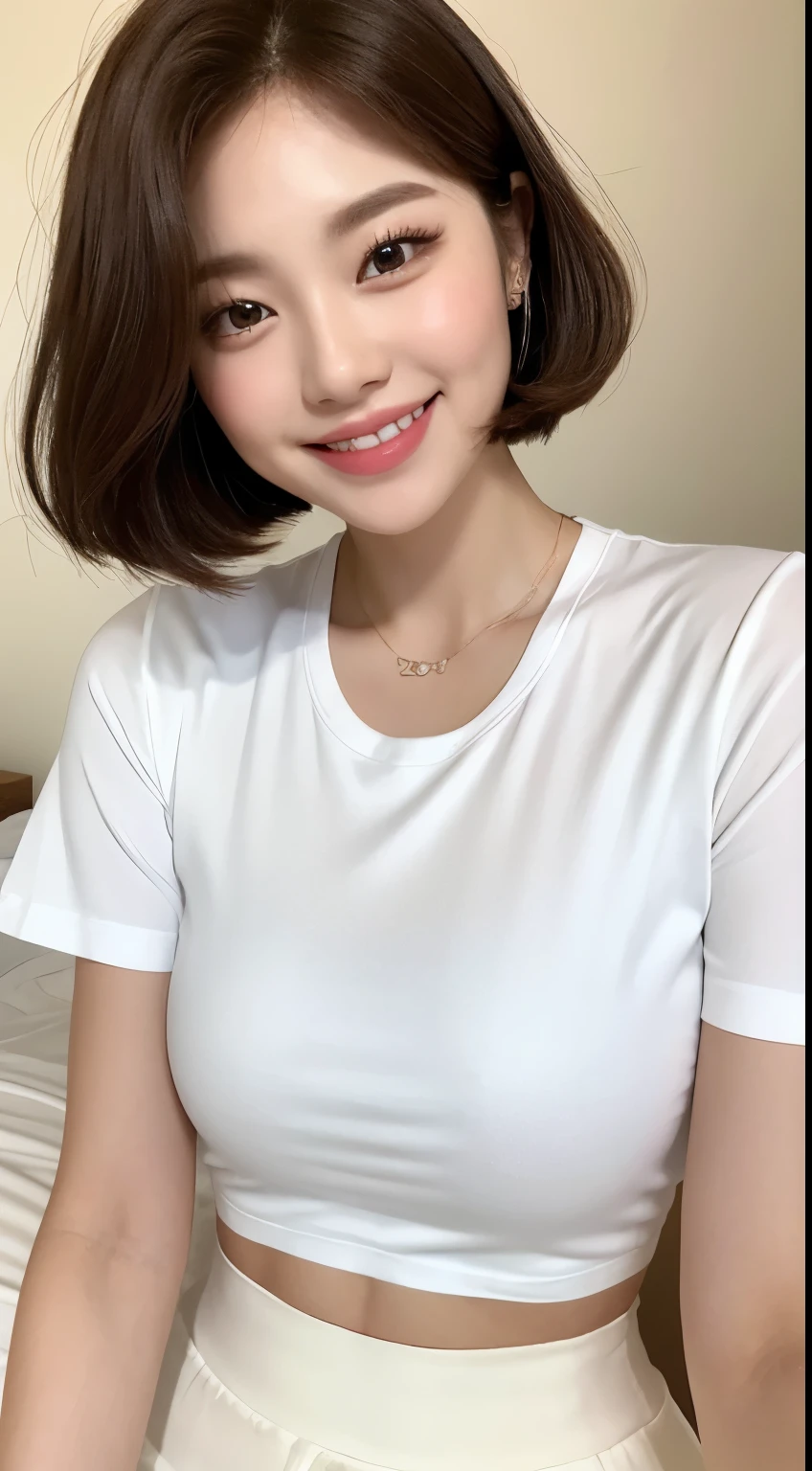 White tight shirt、White mini skirt、bed、smile、Short sleeve、High resolution、Korean idol face、double eyelid、White teeth、short hair
