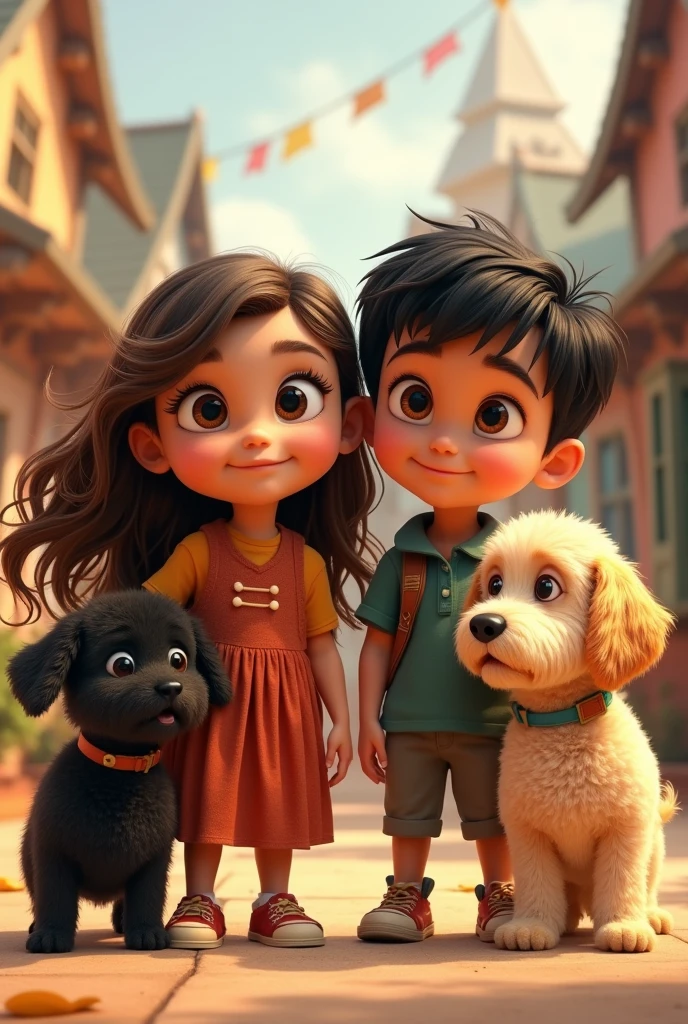Pixar-type image of a girl with brown wavy hair and black curly eyes, a boy with short black hair and brown eyes and straight hair, and two curly dogs, one black and one blond.