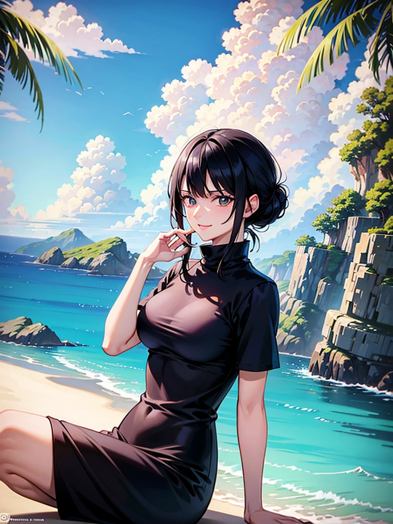 (high res, 8K, masterpiece, looking at viewer, best quality, very aesthetic, ultra detailed, ultra background, ultra Eyes) intricate details, 1girl, Nico Robin, Black Bikini, shoulder length black hair styled in a classic hime cut, eyes that have dark and wide pupils, eyes the color of sky blue, a sharp nose, glasses on top of his head, orange colored glasses lenses, white-colored glasses, Smile Face, Sitting on the beach rocks, Background Sea, Land, Coconut Tree, Beach, Cinematic Angle