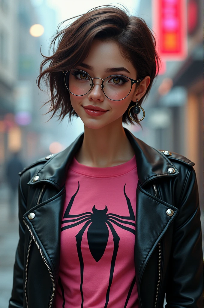 I want a girl, twenty years old, big brown eyes long eyelashes, natural makeup a light brown with shine, small but fleshy mouth, Brown hair semi short pixie, a tight pink shirt type red top with the spiderman logo on the chest over it a leather jacket, with 3 piercings in each ear with black earrings, slim facial features but with defined cheekbones, smiling, wearing round clear glasses, cyberpunk style