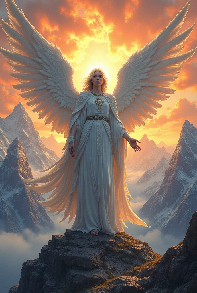 Angelic being without human affections, a creator being of the universe, mythology, In the background of the image, a scenario of heavenly mountains, orange clouds. The style of the image should be in comics, with strong and striking strokes, and mythological and angelic touches on the characters