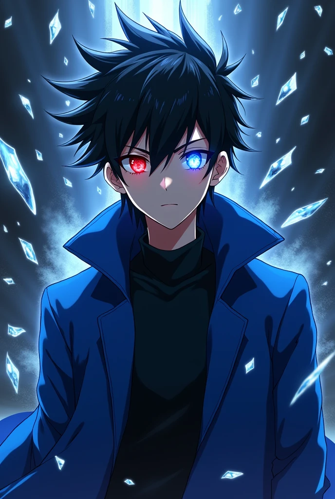 A young black anime man with spiky black hair,one white eye and one red,a blue overcoat and shards of glass floating around
