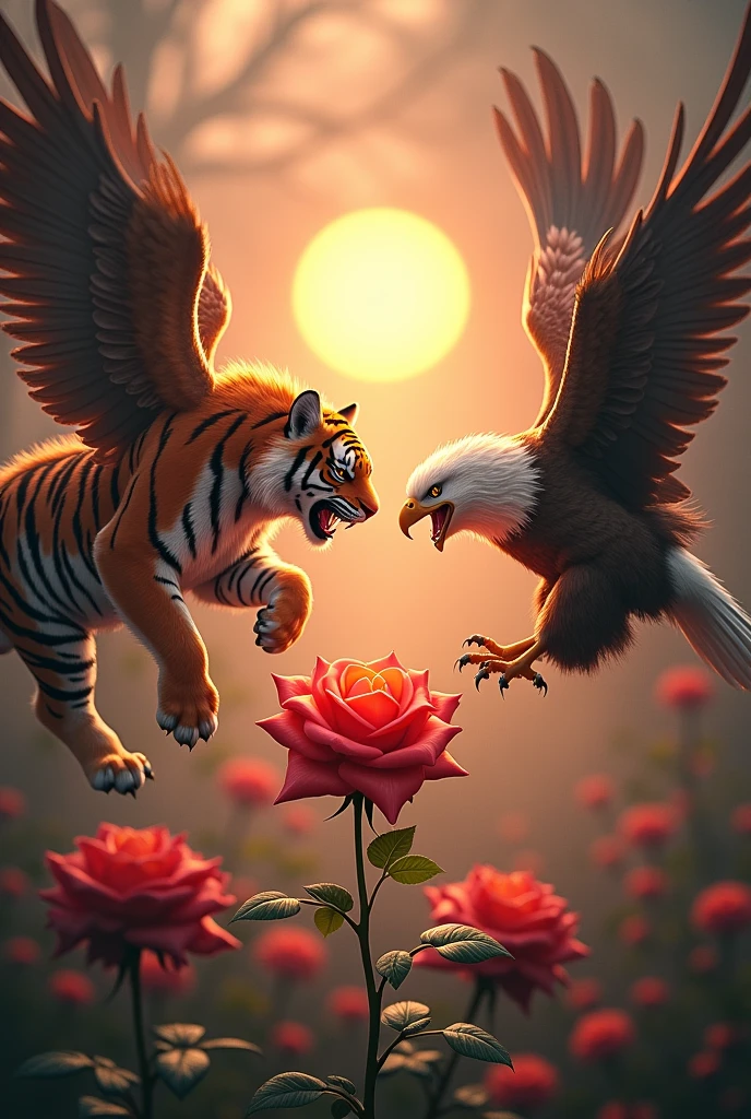 Create an image of a tiger animal fighting with an eagle in front of the shining sun over a rose with magical powers