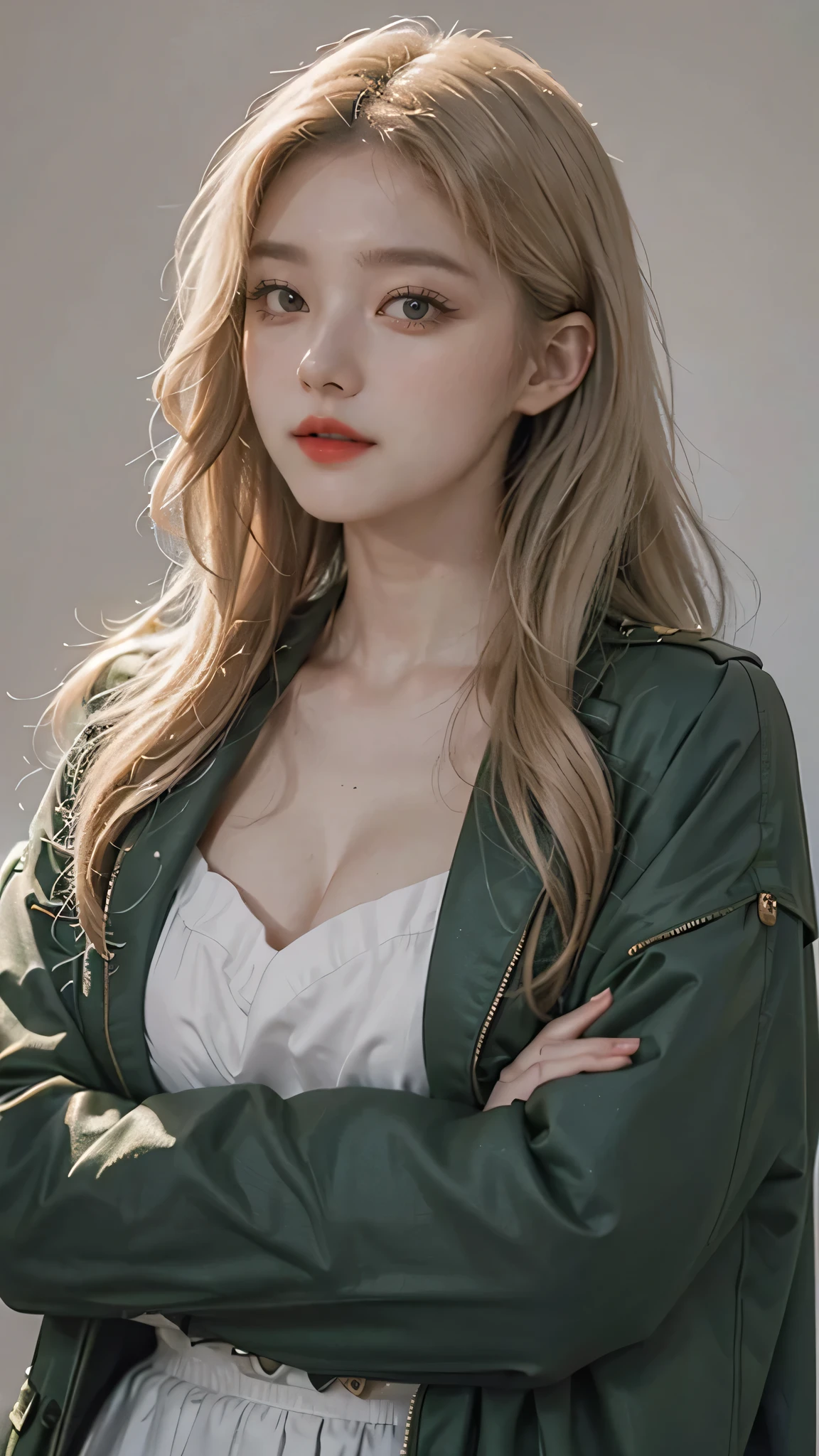Girl wearing, luxury green coat, shoulder length hair, wavy hair, glowing skin, star in eye, red lips, grey  background, cute poses, upper body, light blonde hair, fully covered clothing.