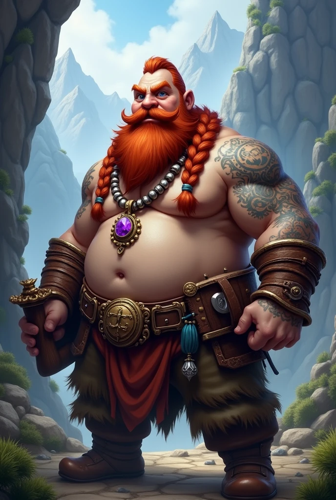 create a fantasy dwarf rpg. A corpulent dwarf, with medium beard and braided hair, both redheads. He has a large tattoo on his left arm. He wears a necklace with a large amethyst around his neck., given by his father as a symbol of good luck.
He carries a magical grimoire and wears a belt with a metal buckle engraved with a goat..