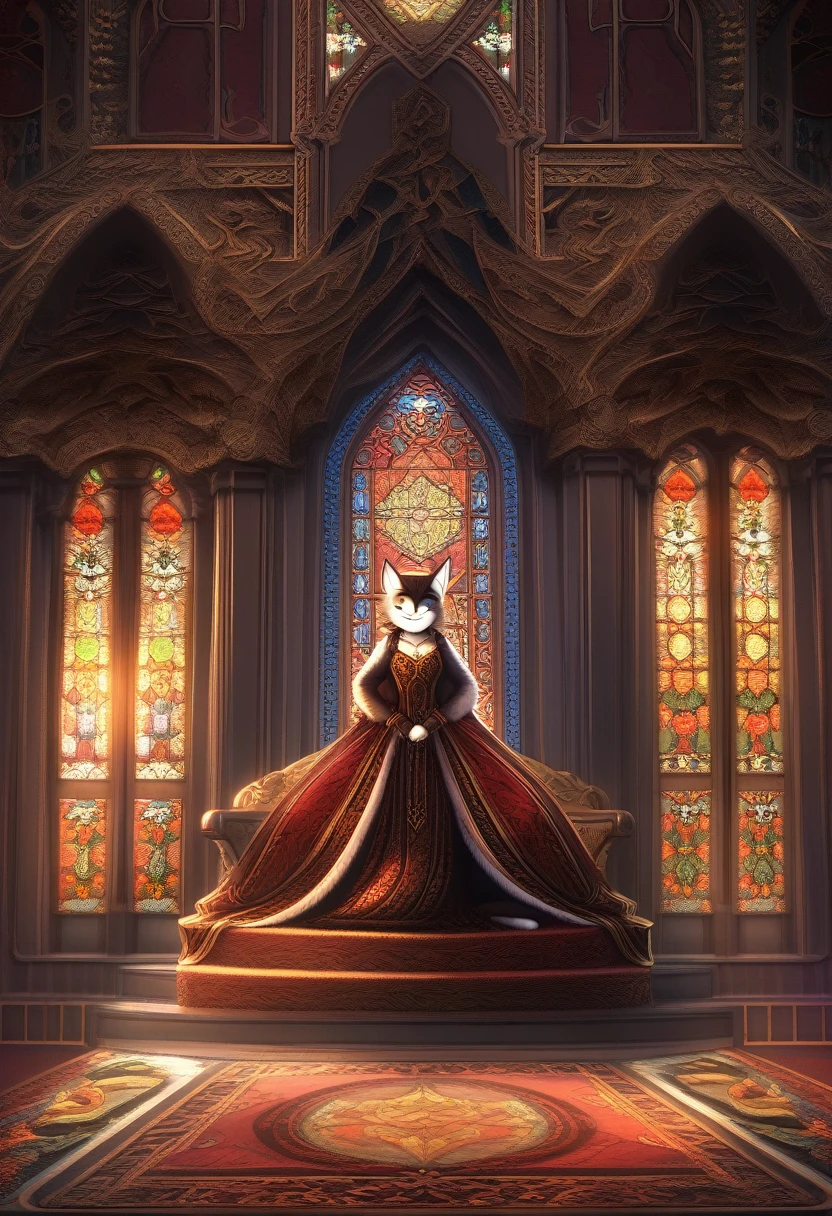 ((Masterpiece)), ((Best Quality)), (Very Detailed), ((Very Detailed)), 4K, (8K), very aesthetic, absurdres highres, 1 woman, (anthropomorphic cat, furry, kemono:1.5), A woman with a seductive smile and sharp eyes, sitting on a luxurious throne in a grand hall. She is crossing her legs, wearing an opulent dress adorned with intricate patterns and jewels. The throne is elaborately carved, and the background features detailed wall decorations, stained glass windows, and a richly patterned carpet. The scene is illuminated by warm, soft lighting, enhancing the regal and majestic atmosphere, (evil smile:1.5),