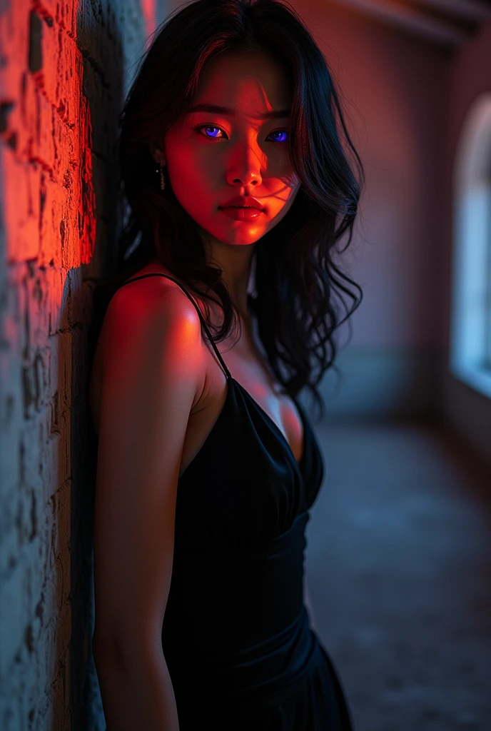 A striking conceptual portrait of a captivating Korean woman with iridescent orange and red skin, ethereal purple eyes, and an otherworldly appearance. She stands gracefully against a wall in a sleek black dress, her long dark hair cascading down her back. The dark room is illuminated by soft lighting, creating a cinematic atmosphere. In the background, we see a hint of intricate architecture, adding to the dark fantasy ambiance of the scene., portrait photography, vibrant, conceptual art, dark fantasy, architecture, cinematic
