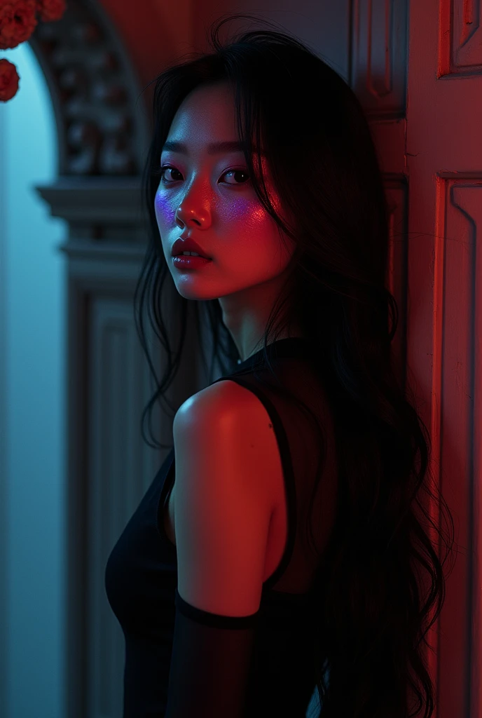 A striking conceptual portrait of a captivating Korean woman with iridescent orange and red skin, ethereal purple eyes, and an otherworldly appearance. She stands gracefully against a wall in a sleek black dress, her long dark hair cascading down her back. The dark room is illuminated by soft lighting, creating a cinematic atmosphere. In the background, we see a hint of intricate architecture, adding to the dark fantasy ambiance of the scene., portrait photography, vibrant, conceptual art, dark fantasy, architecture, cinematic