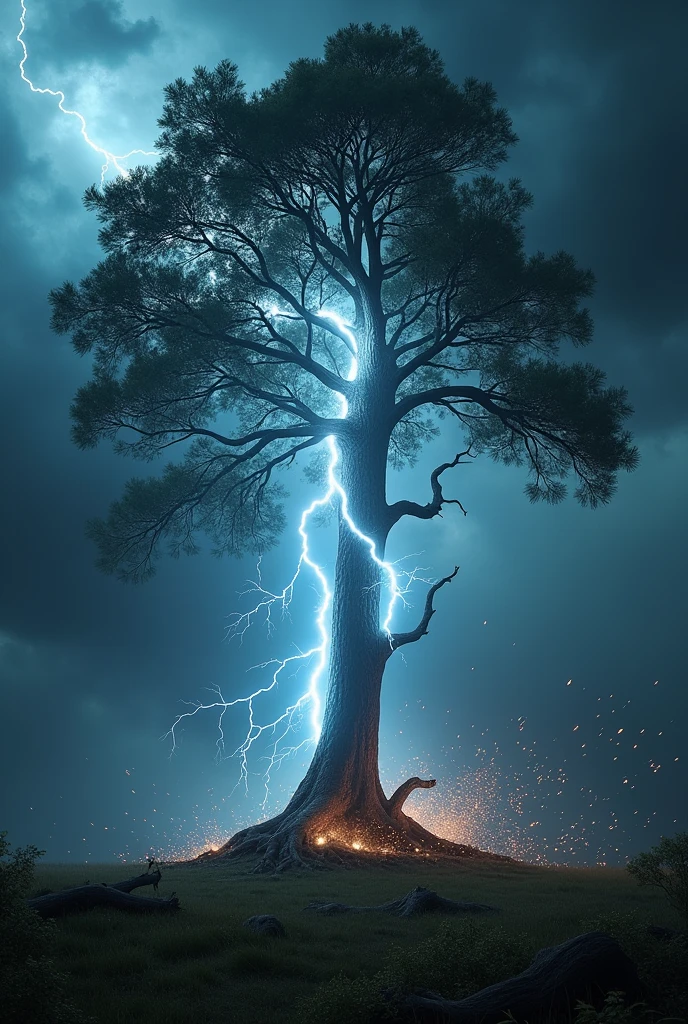A dramatic scene of a lightning bolt striking a tall tree, causing it to split from top to bottom. The lightning is intense and bright, illuminating the tree and the surrounding area. The tree's branches are visibly broken and splintered due to the impact of the lightning. The background features dark, stormy clouds to enhance the dramatic effect, with visible sparks and debris falling from the tree, emphasizing the force of the strike."