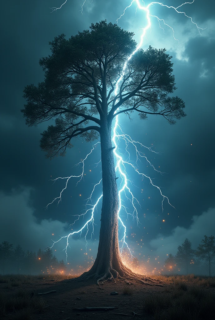 A dramatic scene of a lightning bolt striking a tall tree, causing it to split from top to bottom. The lightning is intense and bright, illuminating the tree and the surrounding area. The tree's branches are visibly broken and splintered due to the impact of the lightning. The background features dark, stormy clouds to enhance the dramatic effect, with visible sparks and debris falling from the tree, emphasizing the force of the strike."