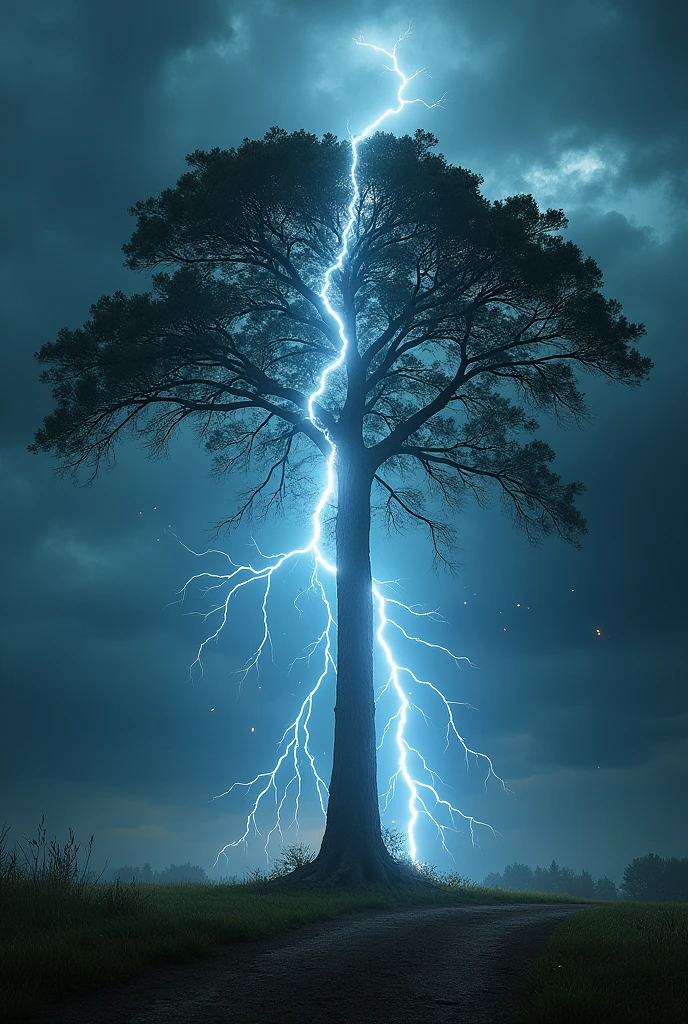 A dramatic scene of a lightning bolt striking a tall tree, causing it to split from top to bottom. The lightning is intense and bright, illuminating the tree and the surrounding area. The tree's branches are visibly broken and splintered due to the impact of the lightning. The background features dark, stormy clouds to enhance the dramatic effect, with visible sparks and debris falling from the tree, emphasizing the force of the strike."
