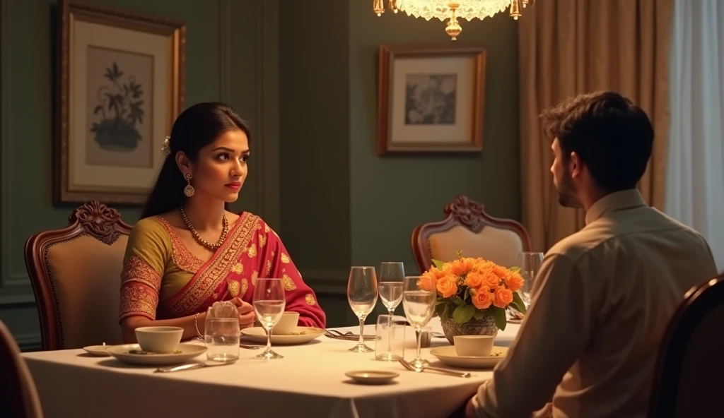 beautiful and independent woman, dressed in a traditional saree. and a men they both sitting on a dyning table 