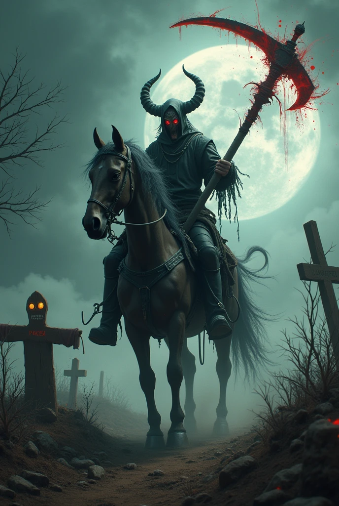 (Best quality,4k,8k,high resolution,masterpiece:1.2),ultra-detailed,Realistic:1.37,dark soul boss style,scary steel mask,background haunted,scythe weapon,fantastic corrupted farmer outfit, riding an evil horse, energy flows around the body,battle aura,Bloodstained,Dynamic lighting,ominous atmosphere,Grim and desolate,twisted trees,scary fog ,Disturbing shadows, weathered scarecrows, distorted landscapes, haunting whispers, threatening skies, crumbling ruins, a threatening storm brewing, lingering sense of darkness, ominous runes, broken tombstones, mystery and suspense, brutal and intense, dread and fear, gothic elements, oppressive silence, threatening presence, atmosphere full of horror, dark and tormented souls, sinister energy, evoking a feeling of doom, a reality steeped in nightmares, writes "FarmMasteR"