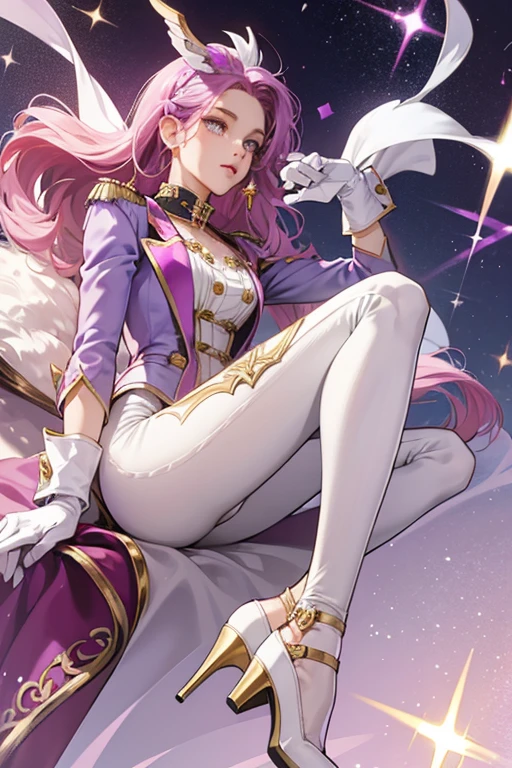 For attire, Blaze wears a purple tailcoat with rose trim at the bottom, a gold collar, and white leggings. She also wears white gloves with fluffy cuffs and rose, high-heeled shoes with gray soles, white stripes, and fluffy cuffs, like her gloves. SPARKLE; GLITTER