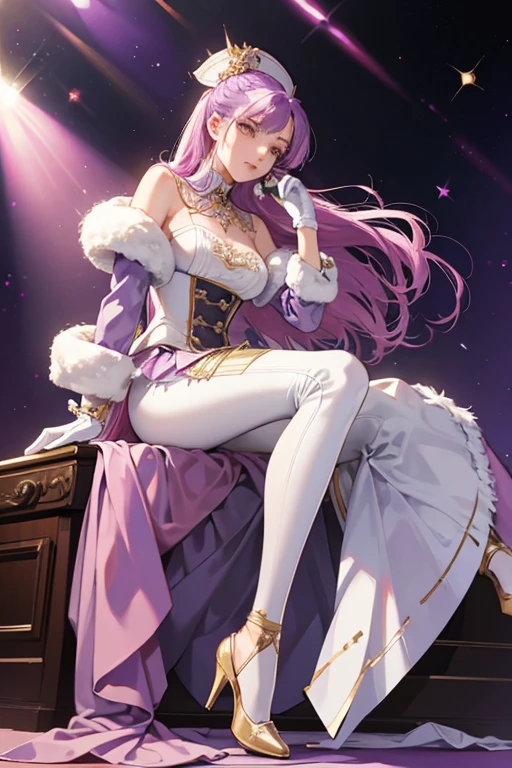 For attire, Blaze wears a purple tailcoat with rose trim at the bottom, a gold collar, and white leggings. She also wears white gloves with fluffy cuffs and rose, high-heeled shoes with gray soles, white stripes, and fluffy cuffs, like her gloves. SPARKLE; GLITTER