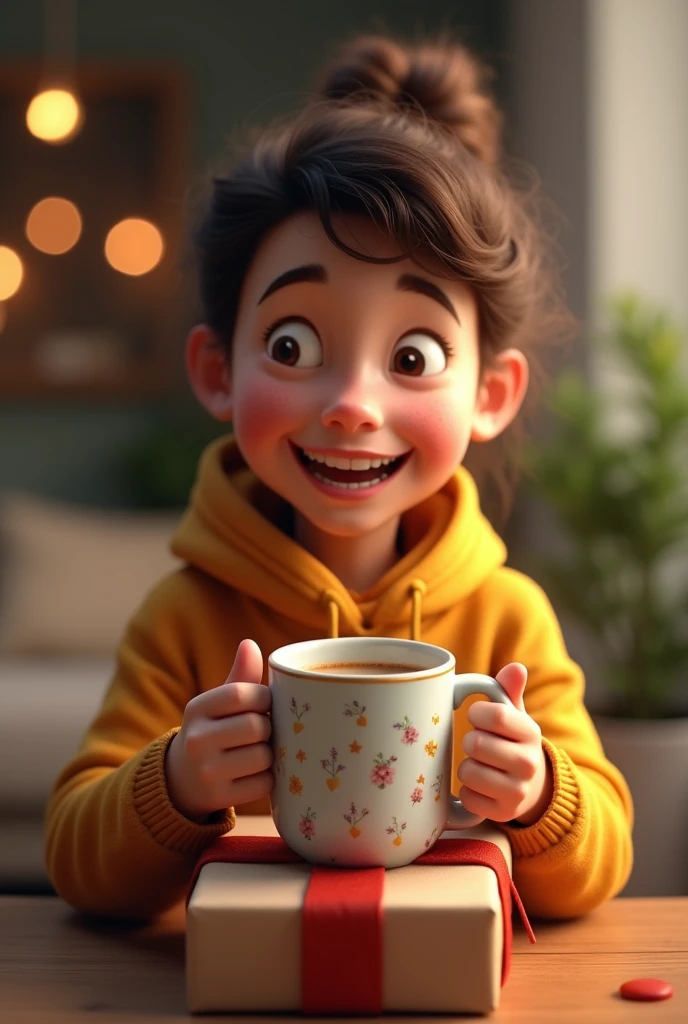 Make a profile picture of a happy person for a coffee mug gift, do it looking at the coffee cup, make it realistic, do it by opening the gift, Leave it like that but improve the cup