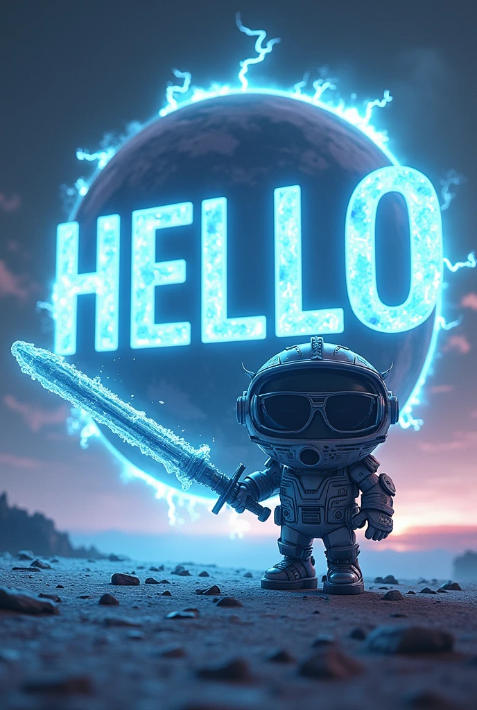 A giant hello written the size of the planet with a futuristic design and with thunder and electricity and a futuristic style emoji with cool sunglasses and holding an ice sword 