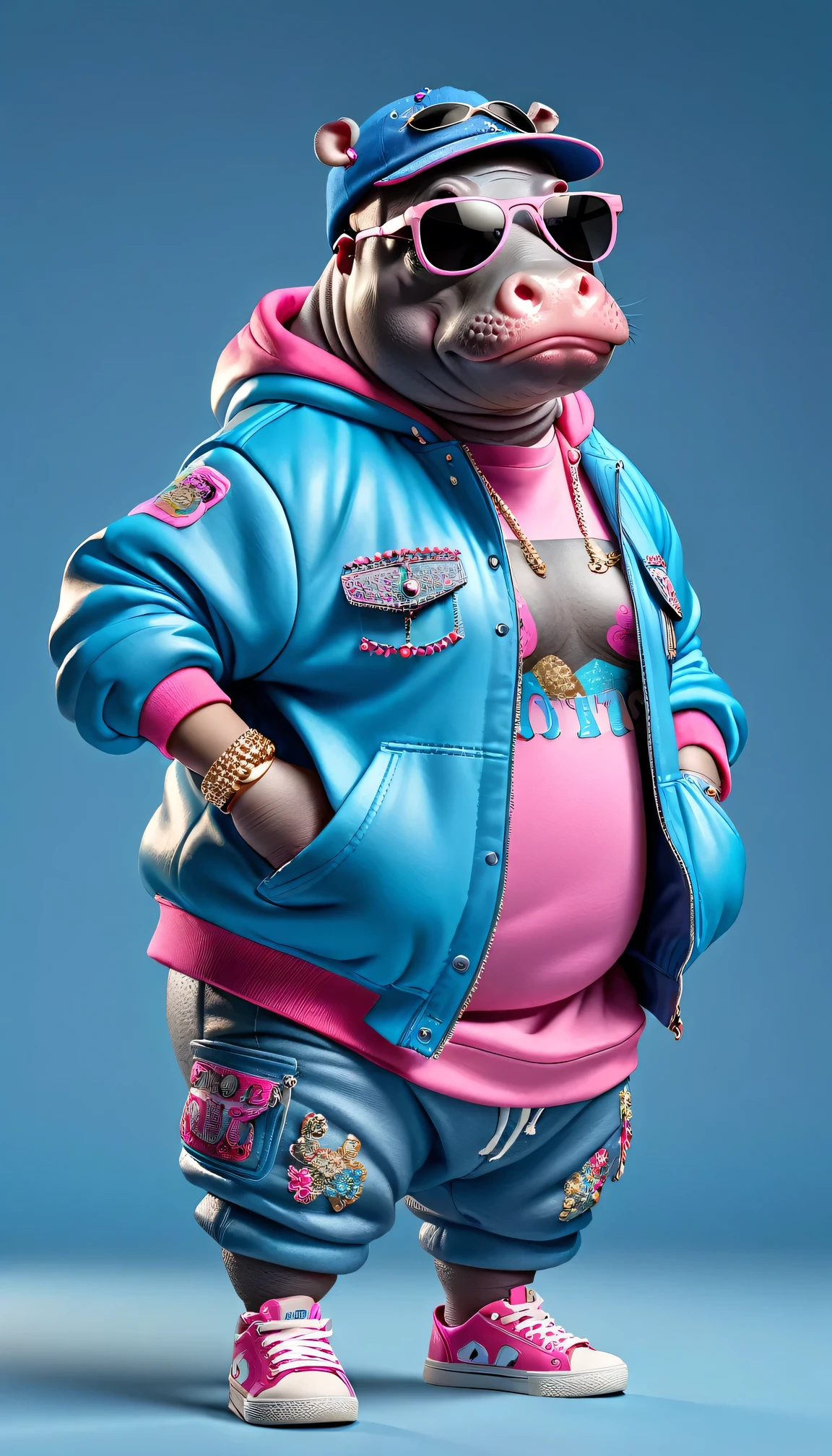 photorealistic portrait of Dressed animals - a ((fat)) cute (hippo) hip hop dancer,(hands on hips:1.5), high quality,(lovely) ,intricate details, highly detailed ((hip hop fashion)) ,(wearing sunglasses:2.0), (cap, sneakers),(wearing a jacket and hoodie) ,pink and blue theme, wearing sunglasses, (happy), studio lighting,(full body image:1.5)