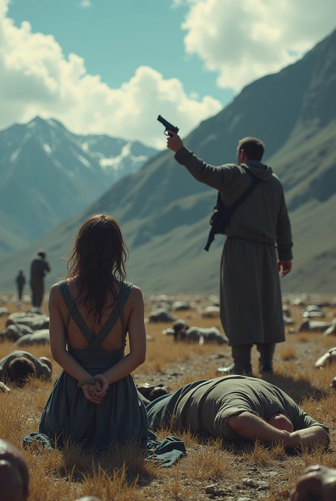 A woman from the mountains with her hands tied behind her back crying, behind her is the lifeless body of her husband and another man standing pointing a gun at the woman's head, all on a field full of different corpses.