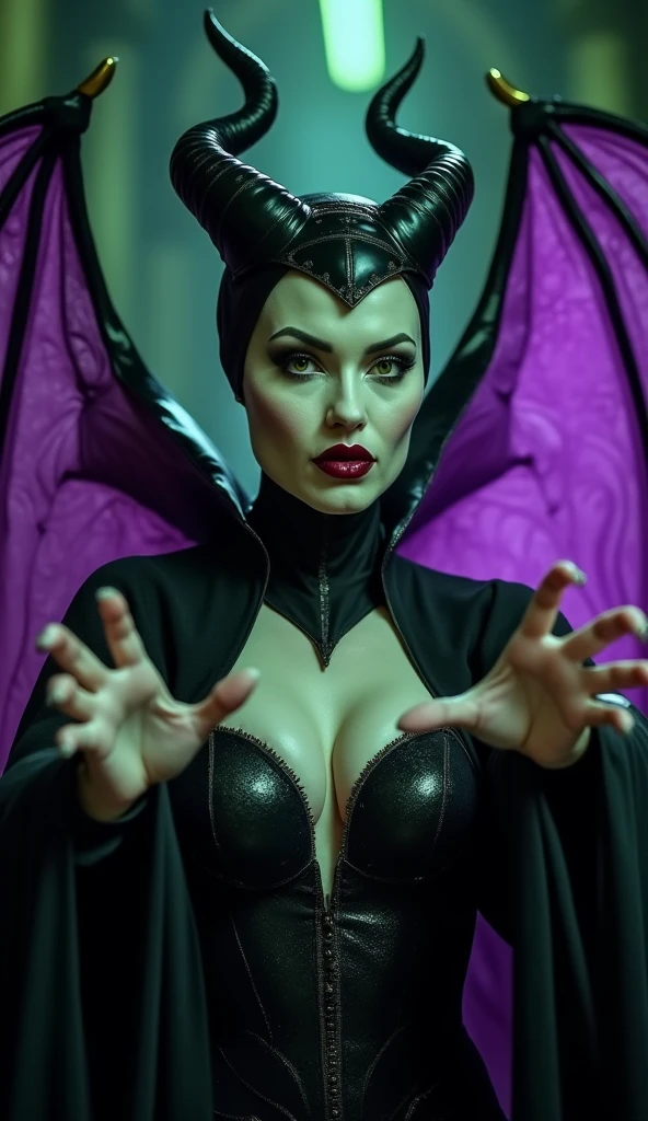 A stunning closeup portrait of Maleficent, she is extending a sexual invitation, she is fertile and wants to breed, location is dungeon interior, purple and green light, breasts, powerful, pale eyes, biting her lip