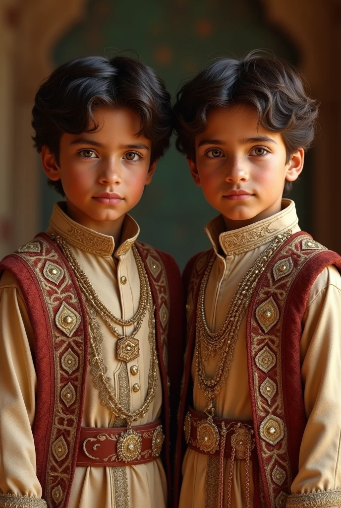 Cinnamon-skinned  twin boys, Dark brown, slightly wavy hair and copper eyes dressed in the clothes of Arab princes and some moles on his face. 