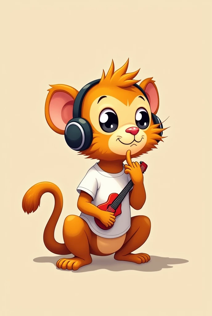 Golden lion tamarin in cartoon form, squatting down, with head bowed, colored with shades of yellow and orange and using headphones. friendly face, wearing a white short-sleeved t-shirt with a small red guitar printed on it.